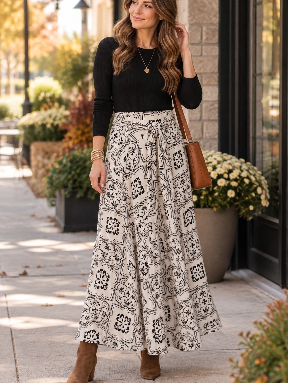 Women's Navy & Cream Printed Tie-Waist Maxi Skirt Size 6